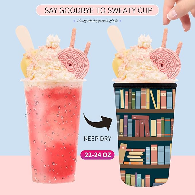 Reusable Neoprene Insulator Sleeve for Iced Coffee Cups, Medium 22-28oz Durable Drink Sleeve for Cold Beverages, Cute Beverage Holder Cup Sleeve for Women Men Cute Bookshelf