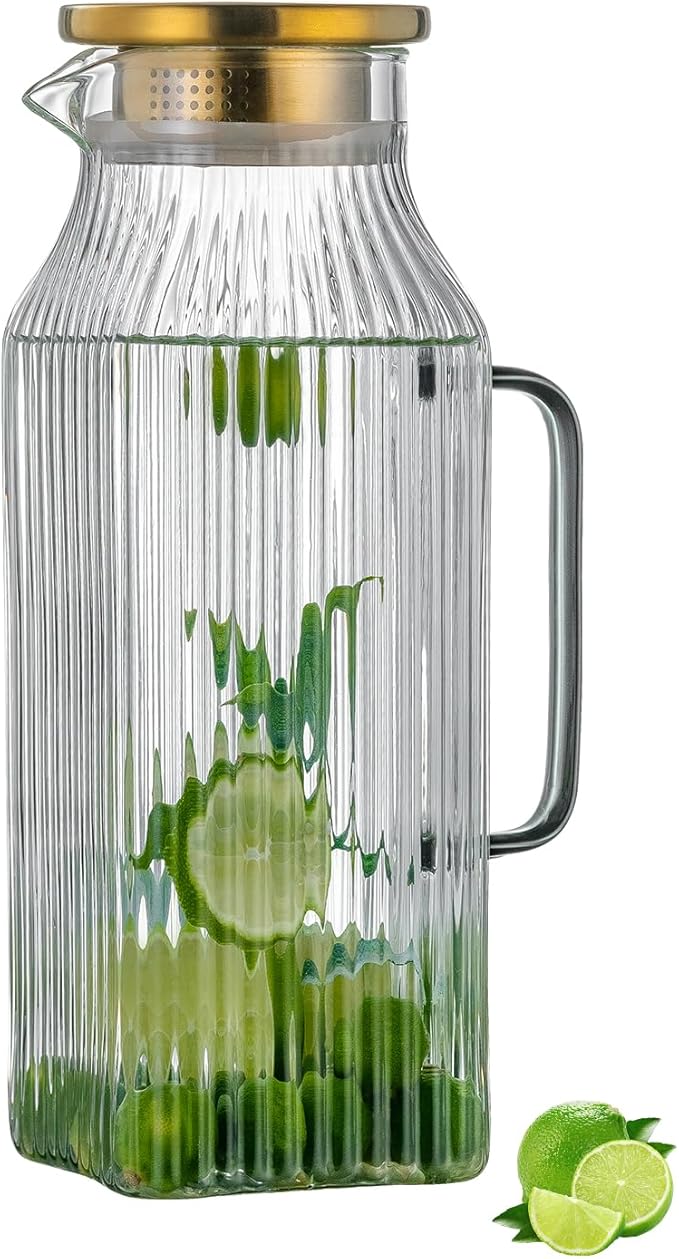 Square Glass Pitcher with Lid and Spout,68 oz/2 Liter Vertical Stripes Water Pitcher for Fridge, Borosilicate Glass Water Carafe for Cold Brew, Coffee, Lemonade, Sun Tea,Heat Resistant