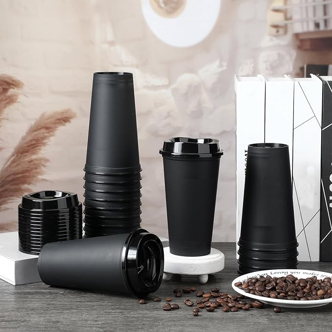 Domensi 15 Pack Reusable Coffee Cups with Lids 16 oz Disposable Travel Cups Bulk Plastic to Go Coffee Tumblers for DIY Hot Cold Drink Party Favors Coworker, Microwaveable (Black)