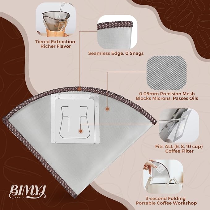 Stainless Steel Pour Over Coffee Filter Reusable - Foldable Metal Coffee Filter with Hanging Ears, Compatible with Chemex & Glass Coffee Drippers (6-10 Cups, Silver)