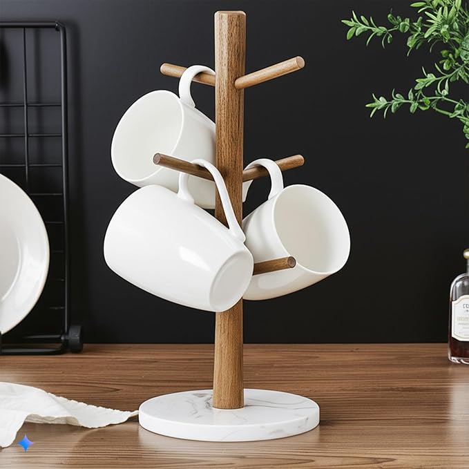Buruis Wood Mug Holder, Marble Base Cup Rack Tree, Mug Stand Hanger, Kitchen Coffee Tree Countertop Tea Holder Stand, Coffee Cup Dryer with 6 Hooks (Round Base White)