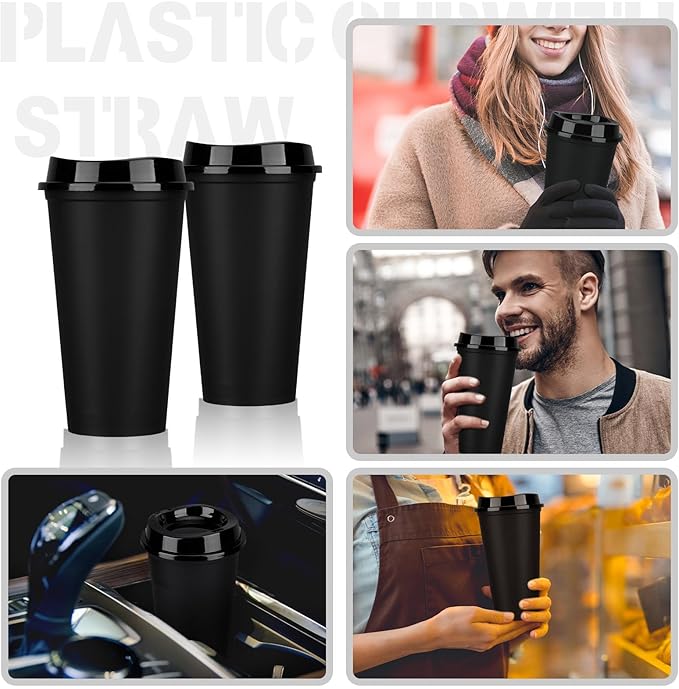 Domensi 15 Pack Reusable Coffee Cups with Lids 16 oz Disposable Travel Cups Bulk Plastic to Go Coffee Tumblers for DIY Hot Cold Drink Party Favors Coworker, Microwaveable (Black)