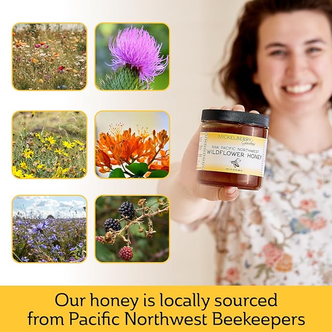 Raw Wildflower Honey - Pure, Unadulterated, Clean, Grade A Strained Honey from the Pacific Northwest (20 ounces)