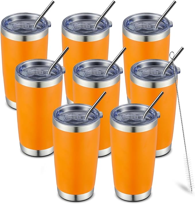 COMOOO 20oz 8 Pack Tumbler Double Wall Vacuum Insulated Coffee Travel Mug Stainless Steel Tumbler Bulk with Lid and Straw Insulated Coffee Cup for Cold & Hot Drinks (Orange, 8 Pack)