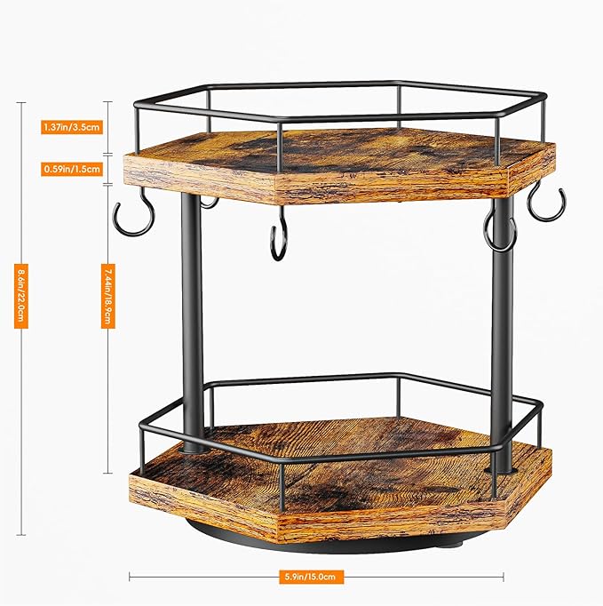 KLM 2 Tier Coffee Bar Organizer Countertop Station Shelf for Home Office, Multi-Functional Coffee Mug Cup Holder Stand, Accessory Storage Rack with 6 Hooks, 360° Rotated Coffee Cup Holder for Counter