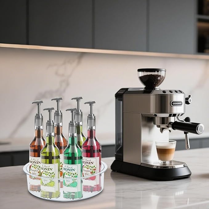 Rotating Coffee Syrup Organizer,7 Bottle Syrup Rack,Small Wine Rack for Coffee Bar,Clear Plastic Spinning Display Stand for Syrup Wine Dressin