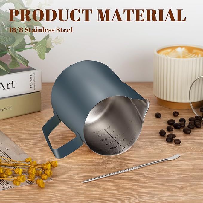 Milk Frothing Pitcher, 12 oz Milk Frother Cup with Clear Scale, 304 Stainless Steel Cappuccino Espresso Machine Accessories for Barista Coffee Bar with Latte Art Pen, Blue