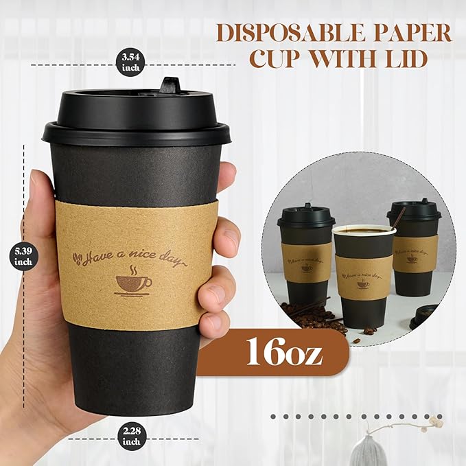LITOPAK 100 Pack 16 oz Paper Coffee Cups with Lids, Black Disposable Coffee Cups with Lids, Sleeves and Stirring Sticks, for Parties, Picnic, Travel, and Events