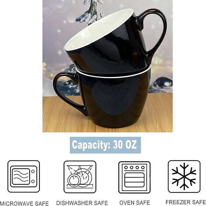 MECOWON 30 OZ Porcelain Coffee Mugs, Set of 2 Large Mugs for Soup, Cereal and Salad (black)