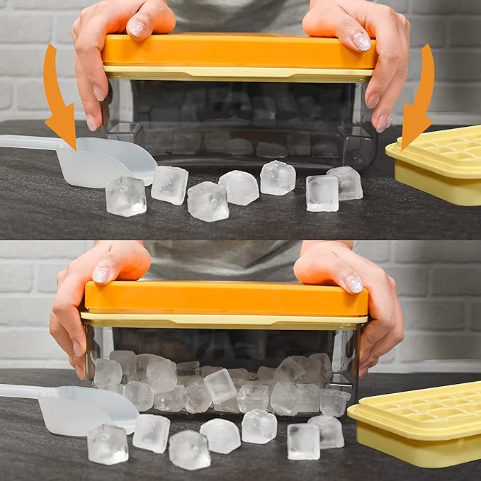 Ice Cube Tray, Press Type Ice Cube Maker, Ice Cube Trays with Lid and Storage, Yellow Ice Cube Moulds, 64 Pcs Ice Cubes, Easy Press to Release Ice, BPA Free, with Cover 2 Trays 1 Ice Bucket & Scoop