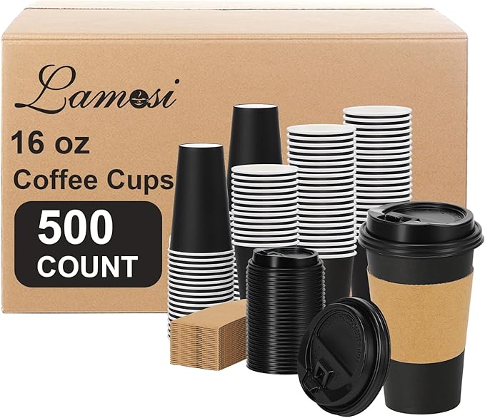 Lamosi 500 Pack 16 oz Disposable Coffee Cups with Lids and Sleeves, Black Leak-Proof To Go Coffee Cups with Lids, Hot/Cold Beverage Black Drinking Cup for Home, Office, Parties, Travel