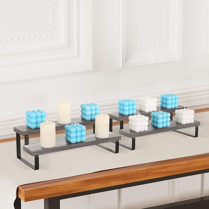 YINMIT Wooden Display Riser Stand, Tiered Perfume and Cologne Organizer Stand, 2 Tier Spice Rack Organizer, Rustic Display Shelf for Candles (2 Tier,2Pack,Grey)