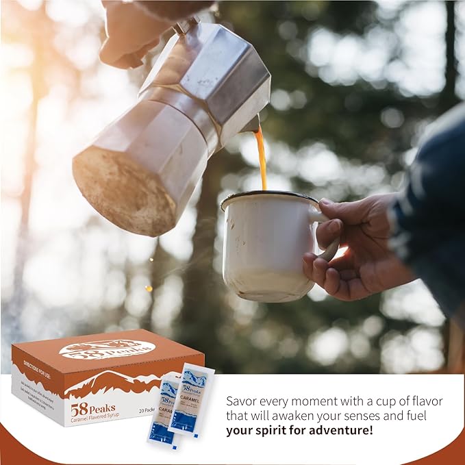 58Peaks Caramel Flavored Syrup Sweetener Packets for Hot and Cold Drinks | To-Go Syrup Flavoring Perfect for Coffee, Tea, Milkshake and More | Flavored Coffee Syrups for Travel | 15mL | 20-Pack