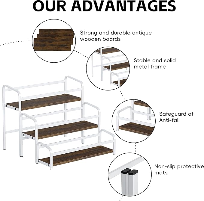 Coffee Syrup Rack Organizer, Wine Racks, Spice Racks, 3-Tier (Magnetic Connection) 12 Bottles Storage Shelves for Syrup Bottle Holder Stand for Coffee Bar, Kitchen Countertop, Rustic Brown & White