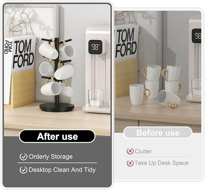 Wisuce Coffee Mug Holder Tree Upgraded 360Rotated Cup Holder for Counter Black Wood Cup Tree Mug Rack Organizer Stand with 6 Hooks for Kitchen Coffee Bar Accessories