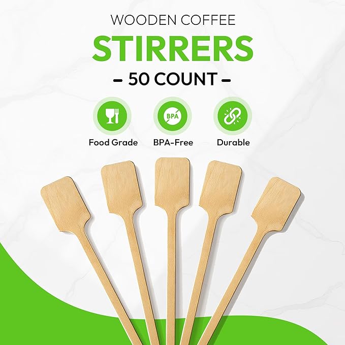 6.25" Wooden Coffee Stirrers with Square Heads – Customizable Stir Sticks with Logo or Text | Eco-Friendly Drink Stirrers for Coffee, Tea, Beverages & Events (6.25" - Pack of 50)