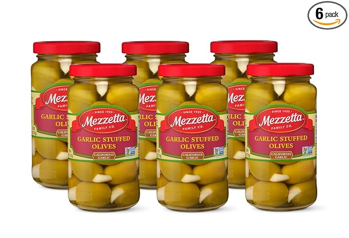 Mezzetta Garlic Stuffed Olives - Greek Green Olives with Fresh Garlic from California - Savory Flavor for Grilled Steak and Appetizers - 100% Natural Gourmet Snack Non-GMO - 6 Oz Jar - Pack of 6