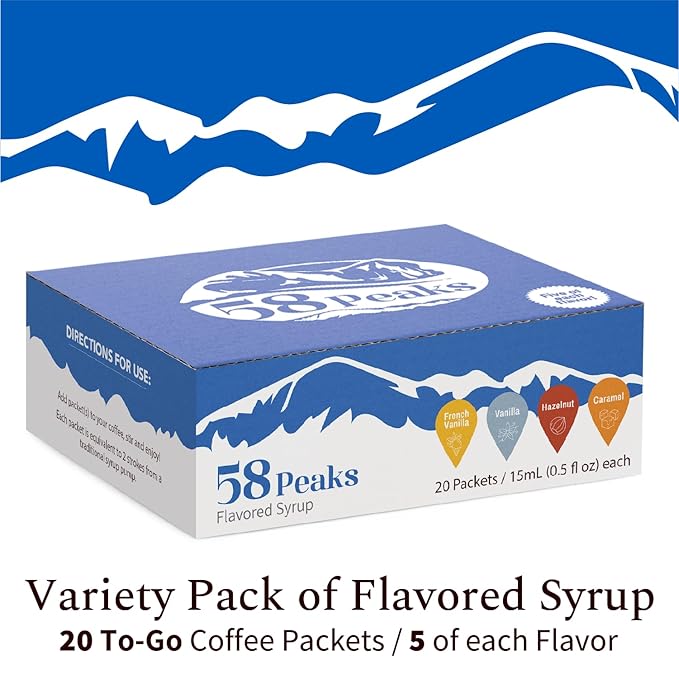 58Peaks Variety Pack of Flavored Syrup Sweetener Packets for Hot and Cold Drinks | To-Go Flavoring for Coffee, Tea, Milkshake and More | Vanilla, Caramel, French Vanilla & Hazelnut | 15mL | 20-Pack