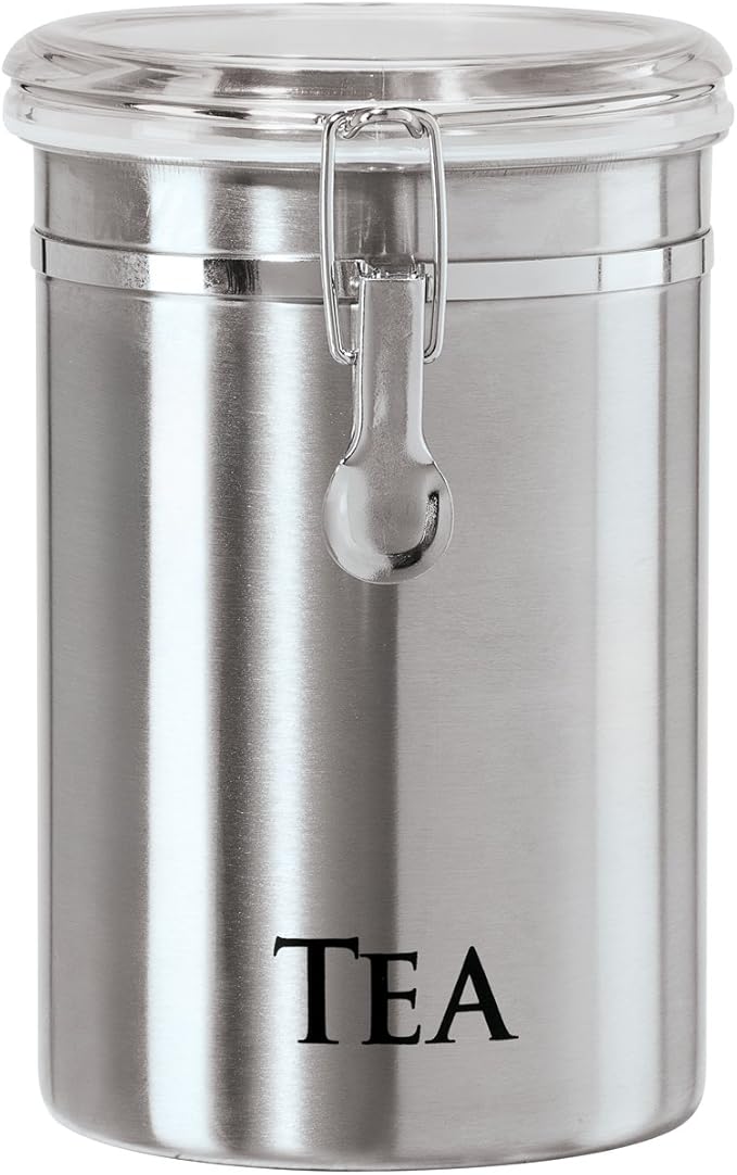 Oggi Stainless Steel Tea Canister 62 fl oz - Airtight Clamp Lid, Clear See-Thru Top - Ideal for Tea Bag, Loose Tea, Kitchen Storage, Pantry Storage. Large Size 5" x 7.5".
