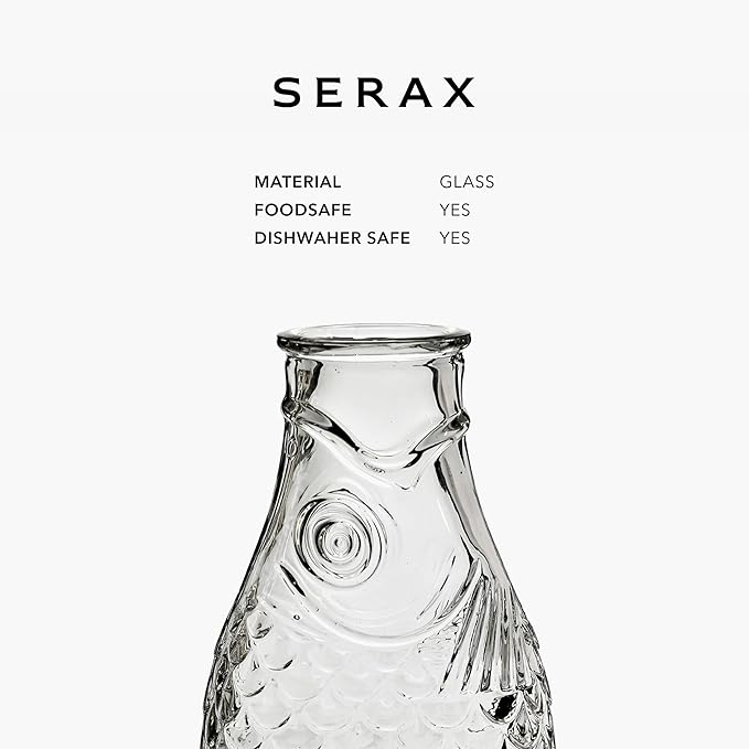Serax Glass Water Pitcher | Fish & Fish glassware by Paola Navone | Wine Carafe Decanter 28.74 fl oz | Clear Bottle Container for hot and cold Drinks | Beverage Dispenser for Fridge | Suitable as Vase