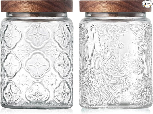 Vintage Glass Jars with Wood Lids - Airtight Canisters Sets for Kitchen Countertop and Bathroom, for Storage Candy, Cookie, Coffee, Apothecary, Sugar, Flour, Tea, Pet Treat, 24 OZ, Set of 2