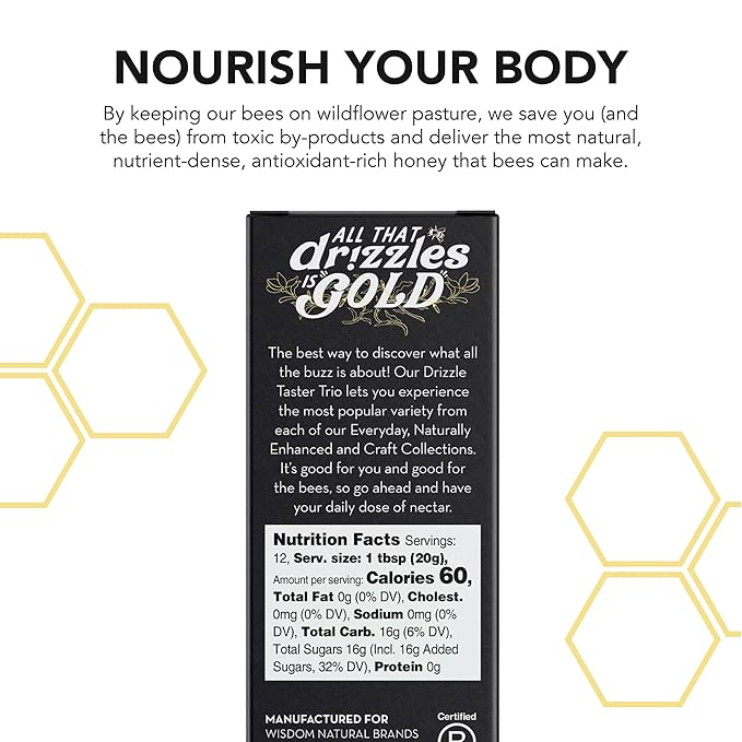 Drizzle Honey Taster Trio - All Natural Pure Raw Honey, Unfiltered, White, Cinnamon Spiced, & Turmeric Gold Mini Jars, Use in Tea & Coffee, Sugar Substitute, Certified Kosher - Pack of 3