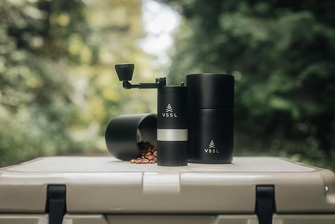VSSL Nest Pour Over Coffee Kit + Java G25 Grinder Gift Set, Contains Two 10 Oz Mugs, Splash Proof Lid, Pour Over Coffee Dripper, Java G25 Grinder and Storage Connector, Black
