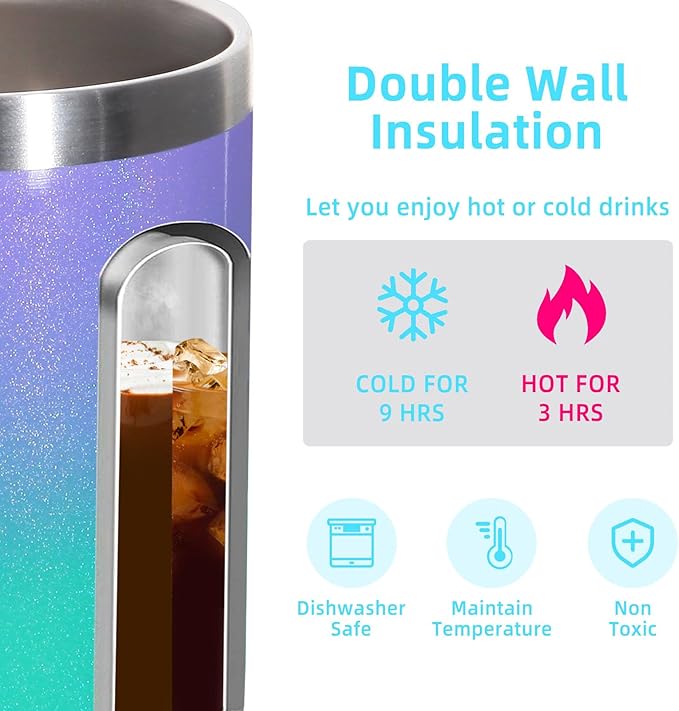 Volhoply 14oz Insulated Stainless Steel Coffee Mug with Lid Bulk 2 Pack,Double Wall Vacuum Travel Coffee Cup with Handle,Reusable Cups Tumbler,Camping Mugs Keep Hot,Ideal Gifts(Purple Green,2)