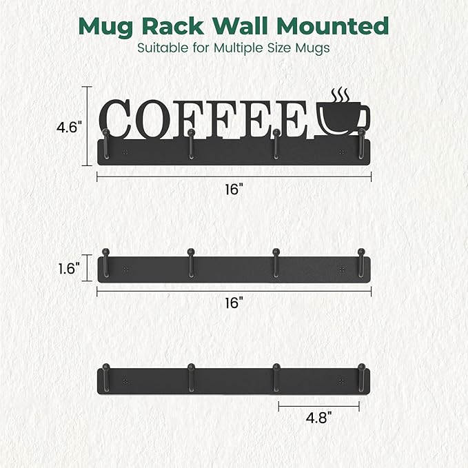 EsLuker.ly Mug Holder Rack Coffee Cup Hanger Wall Mount, Metal Wall Cup Shelf Organizer Stand with 12 Hooks, Fits Most Mugs Display for Home Kitchen, Space-Saving Coffee Bar Enhancer, Set of 3, Black