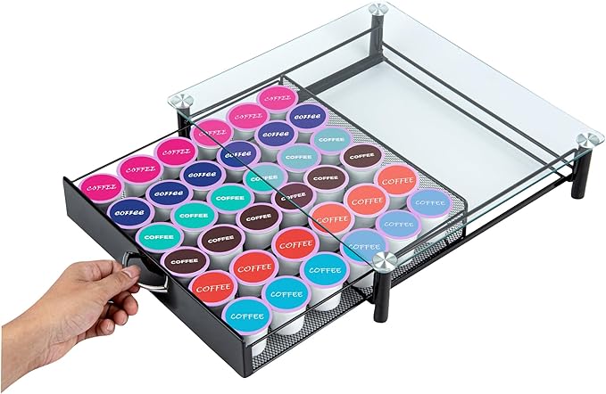 Restaurantware Restpresso 15.2 x 13.6 x 3.4 Inch Coffee Capsule Drawer, 1 Heavy-Duty Pod Drawer - Holds 36 K-Cups, Glass Top, Iron Espresso Pod Organizer, Mesh Tray, Pods Not Included