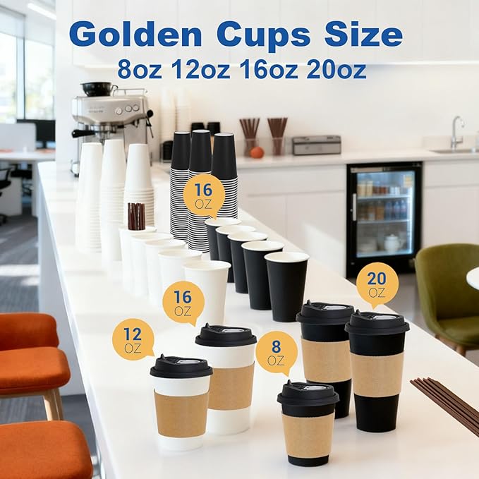 16 oz 500 Pack Coffee Cups with Lids and Sleeves, Straws, Hot Disposable To Go Travel Paper Cups Bulk for Office, Home Coffee Bar Accessories, Chocolate, Cocoa, Beverage (Black)