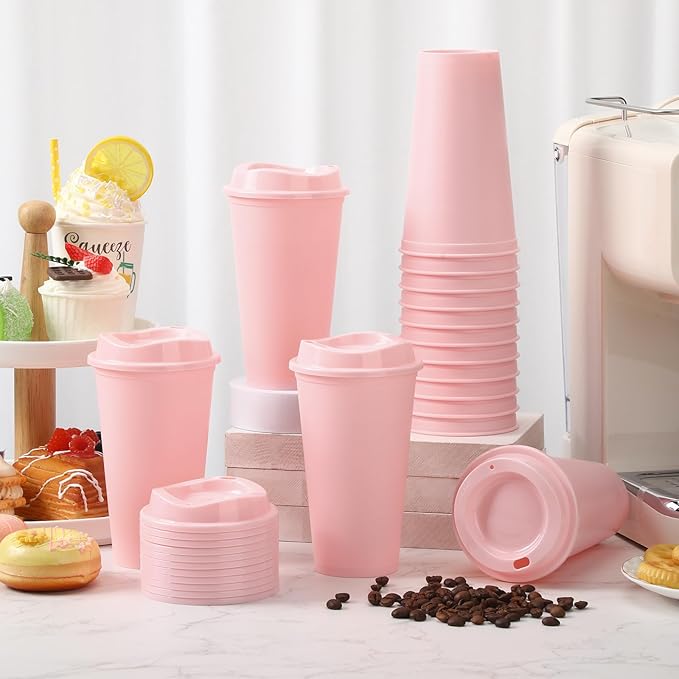 Domensi 15 Pack Reusable Coffee Cups with Lids 16 oz Disposable Travel Cups Bulk Plastic to Go Coffee Tumblers for DIY Hot Cold Drink Party Favors Coworker, Microwaveable (Pink)
