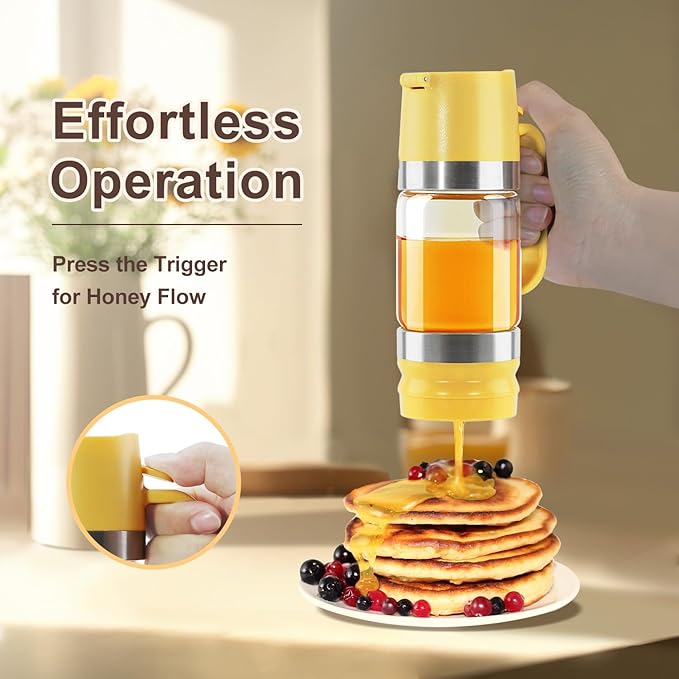 Neodaco Honey Dispenser No Drip with Stand, 9 OZ Glass Honey Jar Pot, Syrup Dispenser for Coffee or Tea, Easy One Hand Use, Yellow