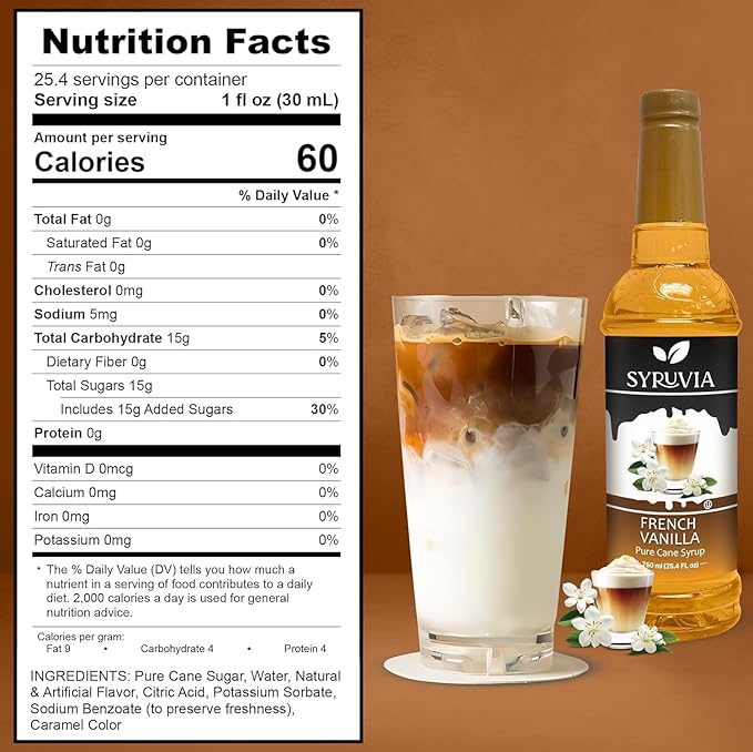 Syruvia Coffee Syrup, French Vanilla Flavored Syrup for Drinks, Lattes, and Desserts – 25.4 fl oz