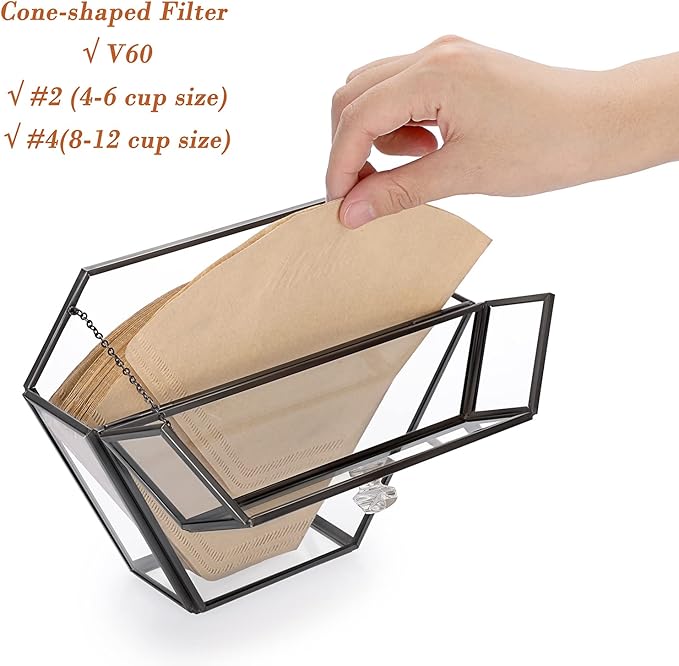 ELLDOO Black Glass Coffee Filter Holder Coffee Paper Storage Container Filter Paper Dispenser Rack with Dustproof Cover