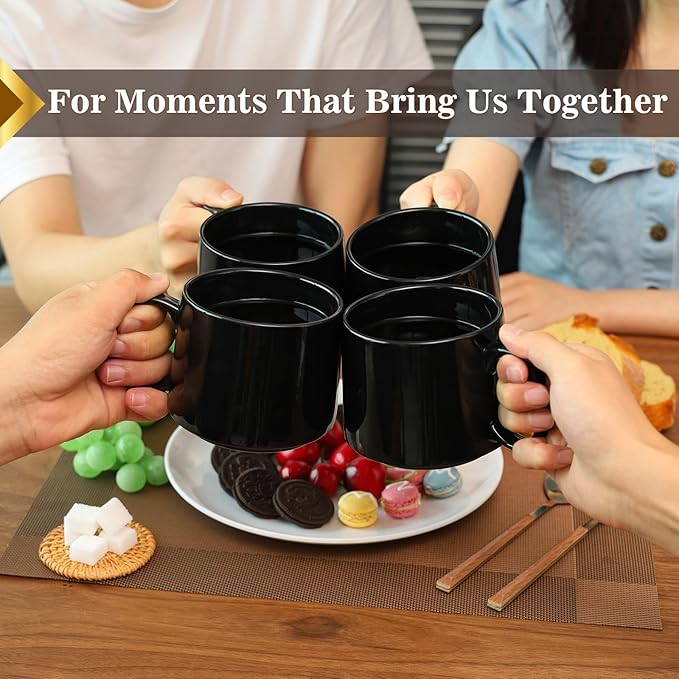 Coffee Mugs Gift Set of 4, Large 19 oz Stackable Ceramic Coffee Mug, Coffee Cups with Large Handle for Latte, Cappuccino, Milk, Tea, Dishwasher & Microwave Safe, Ideal for Men, Women - Black