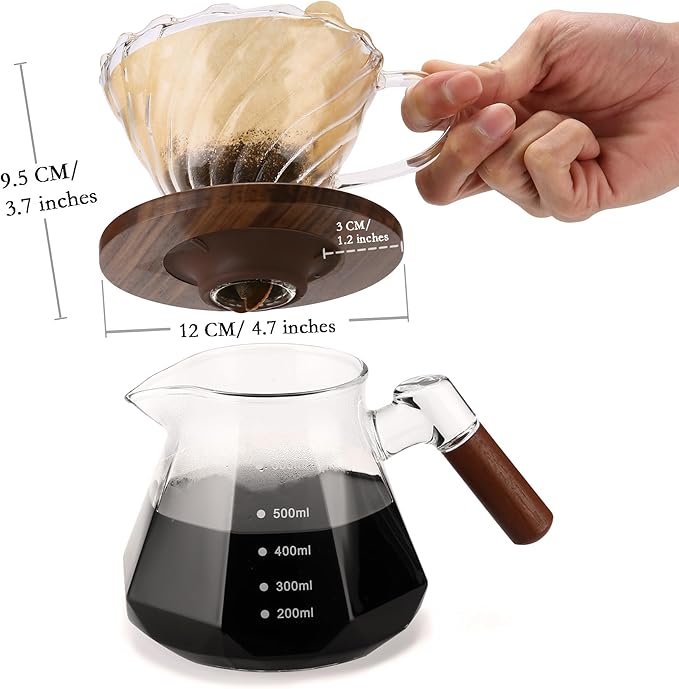 Pour Over Coffee Dripper with 100 pcs of Size 02 Paper Filter, Borosilicate Glass & Walnut Collar, Drip Coffee Maker, 1-3 Cups, Clear (Coffee Dripper)