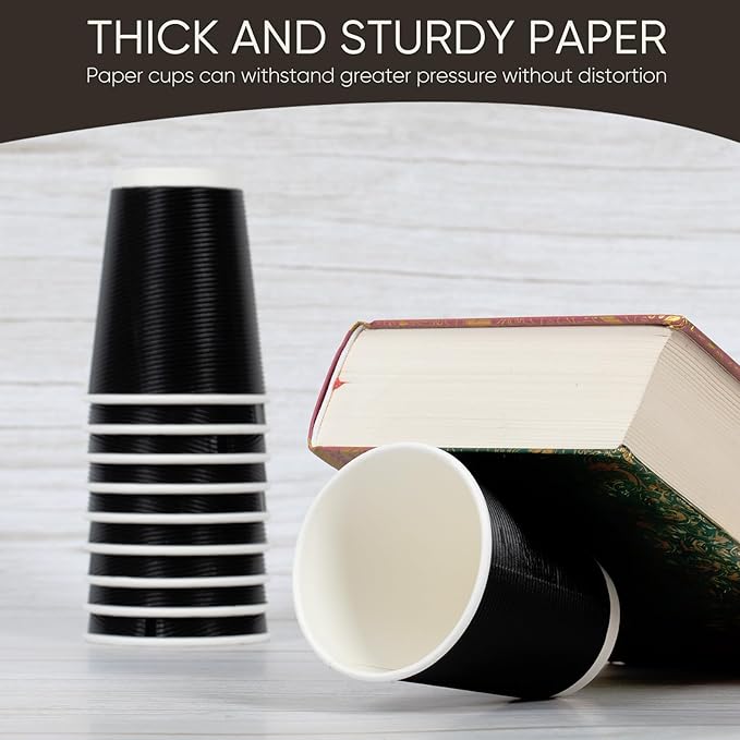 100 Pack 12 oz Disposable Coffee Cups with Lids and Straws, Insulated Ripple Wall To Go Paper Corrugated Cups, Bulk for Hot/Cold Drinks, Cafe Bar, Office, Chocolate, Cocoa (Black)