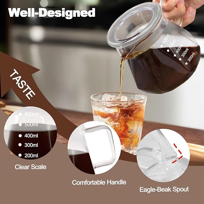 Pour Over Coffee Maker Set 600ml Portable with 100 Pcs Filter Paper Glass Coffee Maker High Borosilicate Glass Eagle Beak Spout Design Walnut Wood Base for Pour Over Dripper for Daily Brewing