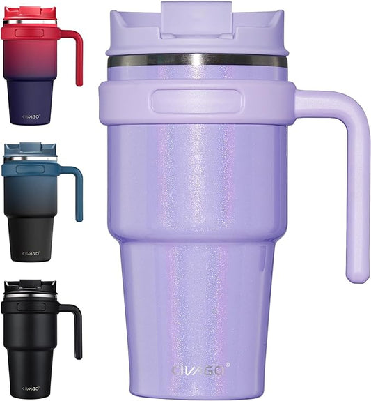 CIVAGO 20 oz Tumbler Mug with Lid and Straw, Insulated Travel Coffee Mug with Handle, Double Wall Stainless Steel Vacuum Coffee Tumbler, Thermal Coffee Cup, Flip lid, Lavender Glitter