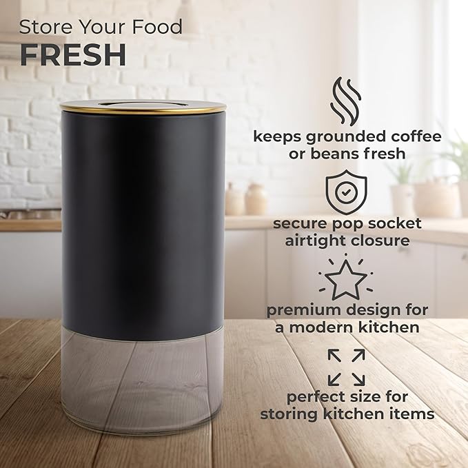 Kaffe Glass Coffee Canister (12oz) w/Airtight Lid - Click to Release Seal - BPA Free Glass & Stainless Steel - Elegant Kitchen Storage Container for Coffee, Nuts, Rice, Flour, Sugar, Tea, Cereal