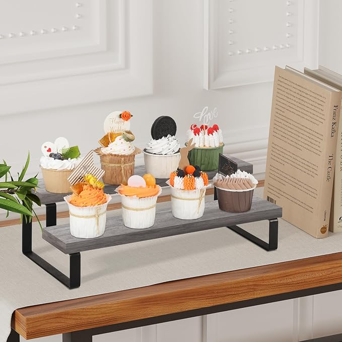 YINMIT Wooden Display Riser Stand, Tiered Perfume and Cologne Organizer Stand, 2 Tier Spice Rack Organizer, Rustic Display Shelf for Candles (2 Tier,Grey)