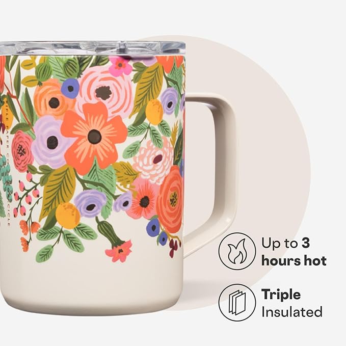 Corkcicle x Rifle Paper Co. Triple Insulated Coffee Mug with Lid & Handle - Keeps Beverages Hot for 3+ Hours - Gift for Mom - Great for Mother's Day or Christmas - 16 oz - Garden Party