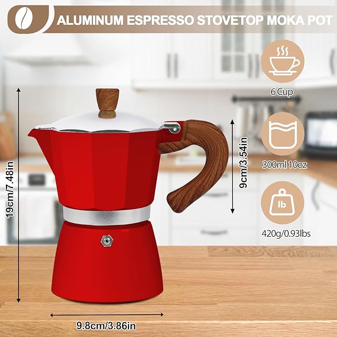 Aluminum 6 Cup 300ml Moka Pot Express Coffee Maker Stovetop Espresso Colorful Coffeemaker Italian Classic Style Brewing Greca Cafe Mocha Machine for Cafeteras Lover Camping Travel and Home Use 10oz