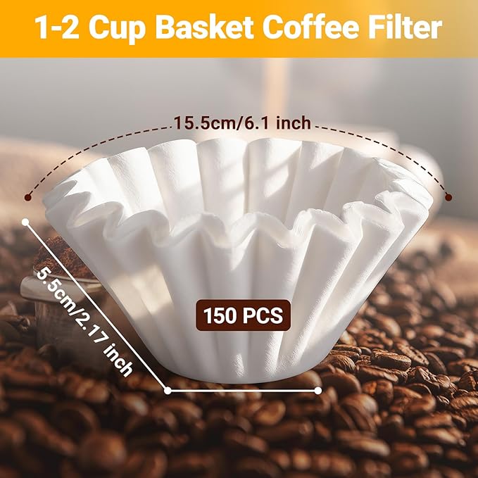 Segarty 150 Count Paper Basket Coffee Filters Disposable, 6.1in 1-2 Cup White Paper Filter, Ideal Pour Over Maker Basket Dripper Liners for Home, Office, Cafeteria Use, Suitable for Most Coffee Maker