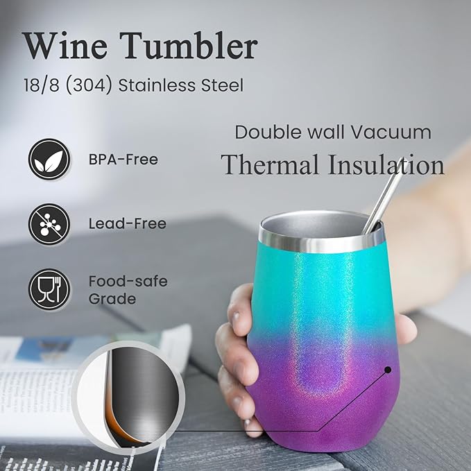 MEWAY 12oz Insulated Wine Tumbler Set of 12 - Double Wall Stainless Steel Stemless Wine cups Glasses with Lids, Gift for Family and Gifts, Prizes for adults(Glitter Aurora,Set of 12)