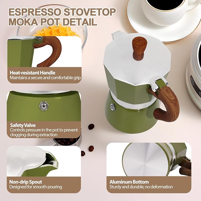 Aluminum 3 Cup 150ml Moka Pot Express Coffee Maker Stovetop Espresso Colorful Coffeemaker Italian Classic Style Brewing Greca Cafe Mocha Machine for Cafeteras Lover Camping Travel and Home Use 5oz