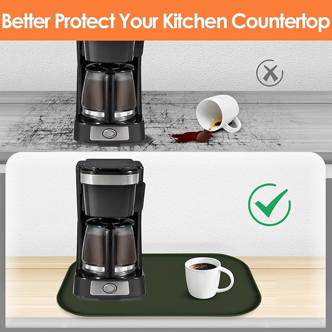 Silicone Coffee Maker Mat with Lip, 17.4'' x 10.6'' Heavy Duty Coffee Maker Mat for Countertops, Coffee Tray Fit Under Coffee Machine Appliance Automatic Machines Espresso Accessory, Dark Olive