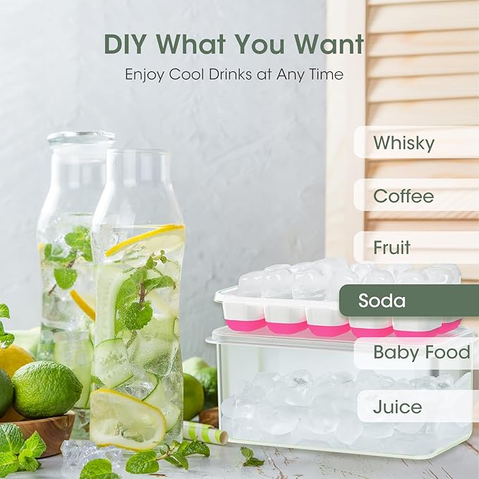 DOQAUS Ice Cube Tray with Lid and Bin - 4 Pack Silicone Ice Cube Trays for Freezer, Stackable Ice Bucket Kits with Storage Container & Scoop for Kitchen, RV, Cocktail, Coffee