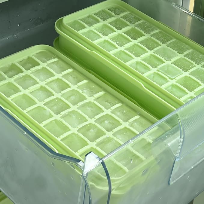 Ice Trays for Freezer with Lid & Bin, Ice Cube Tray Making 64 pcs Ice Cubes, Easy Press to Release Ice, Ice Tray with Storage Bin Chilling Cocktail Whiskey Coffee 2 Trays 1 Ice Bucket & Scoop (Green)